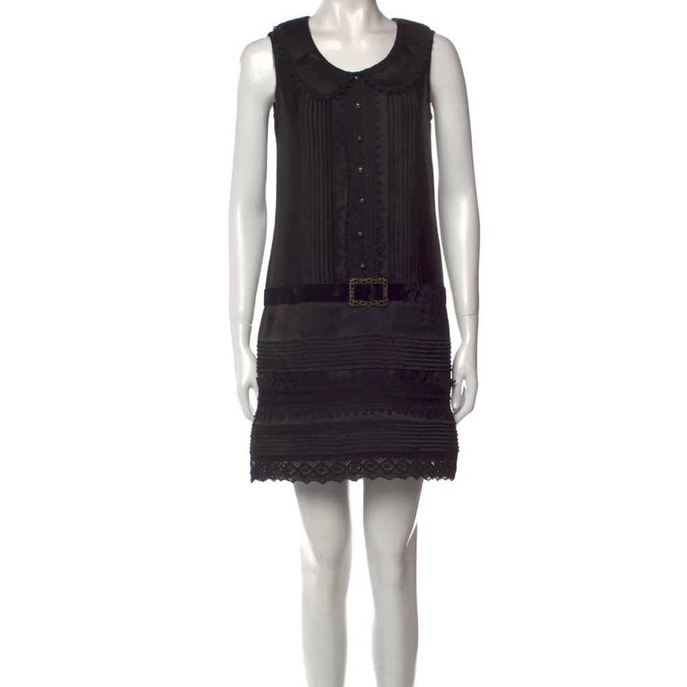 Anna Sui black sleeveless collar dress with belt detail
